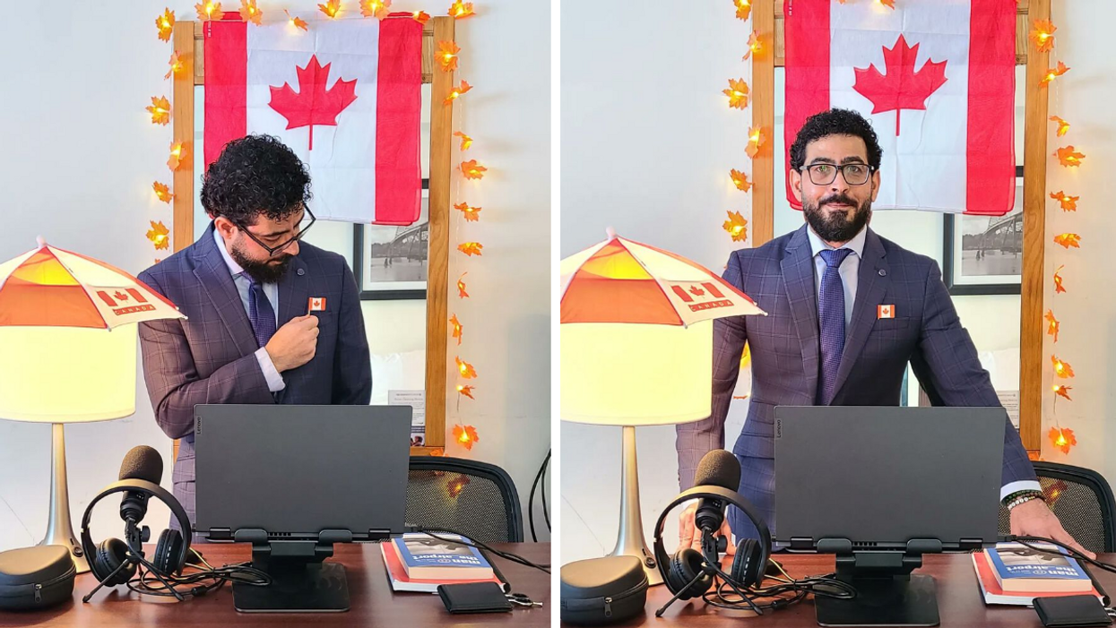 Hassan Al Kontar poses with the Canadian flag.
