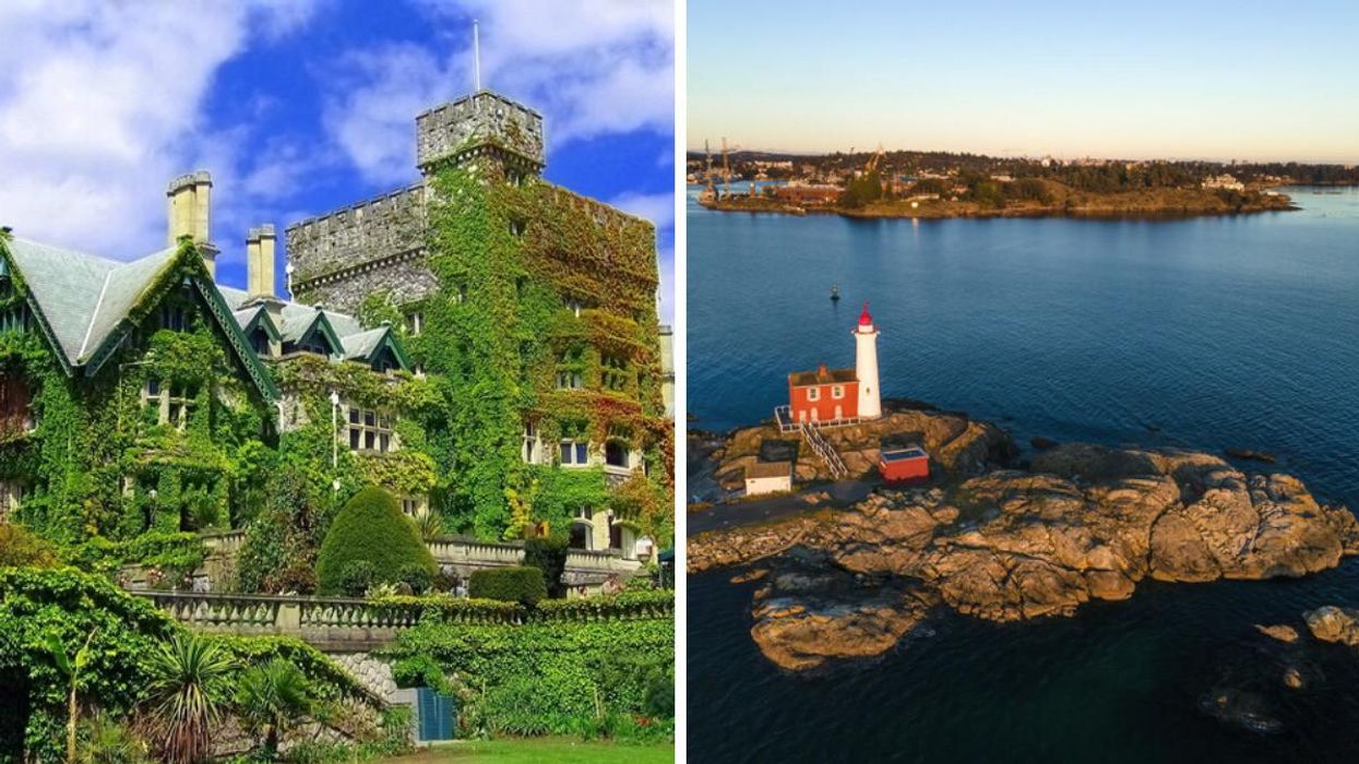 Hatley Castle in Colwood, BC. Right: Lighthouse and ocean around Colwood, BC.