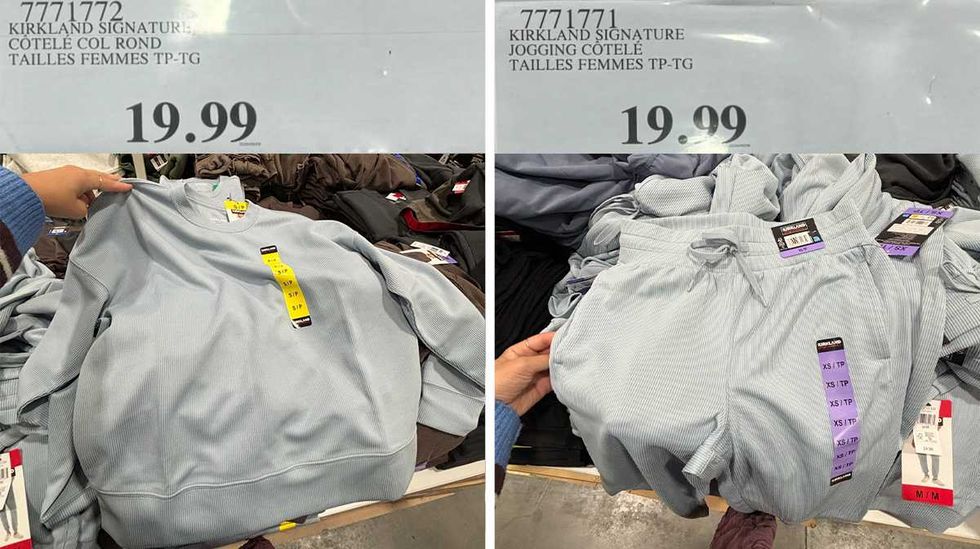 Haut c\u00f4tel\u00e9 pour femmes Kirkland couleur gris clair en vente chez Costco. Droite : pantalon c\u00f4tel\u00e9 pour femmes Kirkland couleur gris clair en vente chez Costco