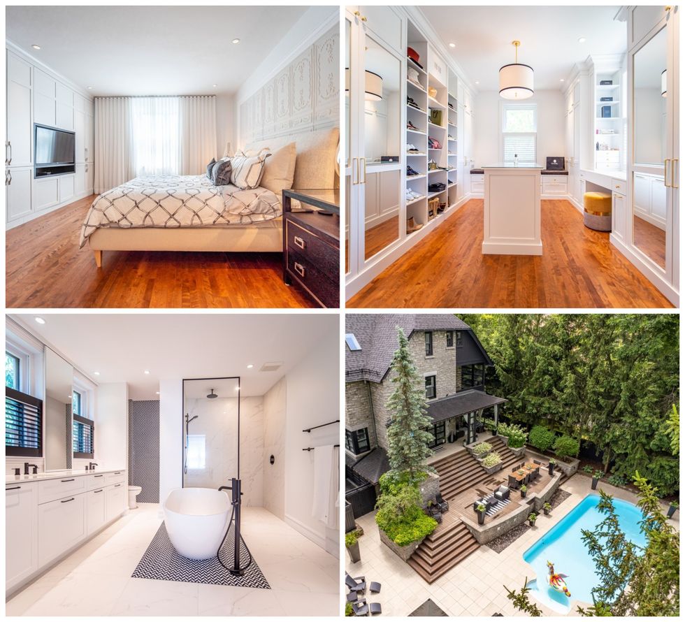 Haut gauche : La chambre principale avec un lit vue de c\u00f4t\u00e9. Haut droit : Un walk-in avec un ilot au centre. Bas gauche : Salle de bain blanche avec douche et bain. Bas droit : Cour arri\u00e8re avec une piscine creus\u00e9e.