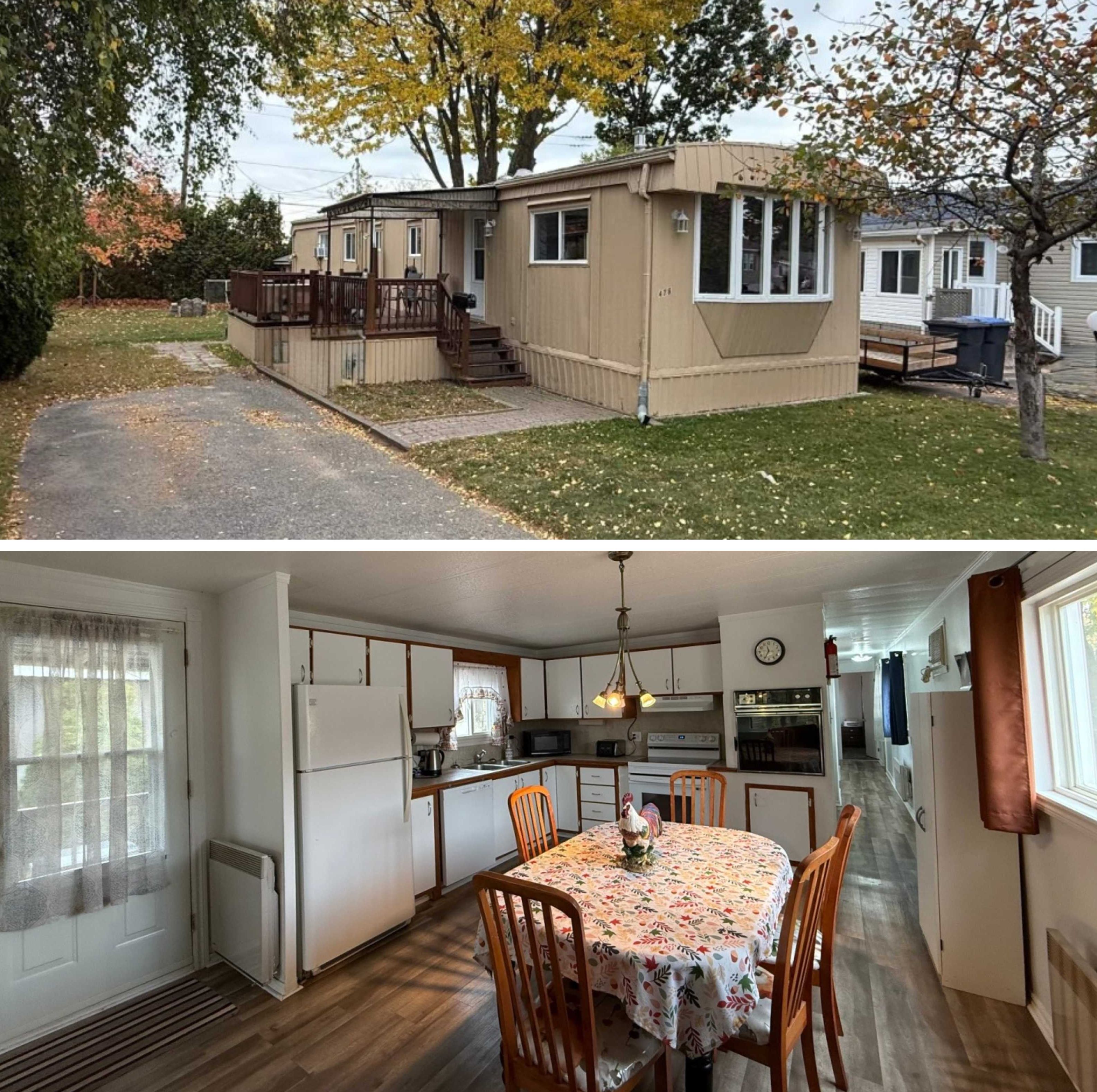 Haut : la devanture d\u2019une maison. Bas : une cuisine