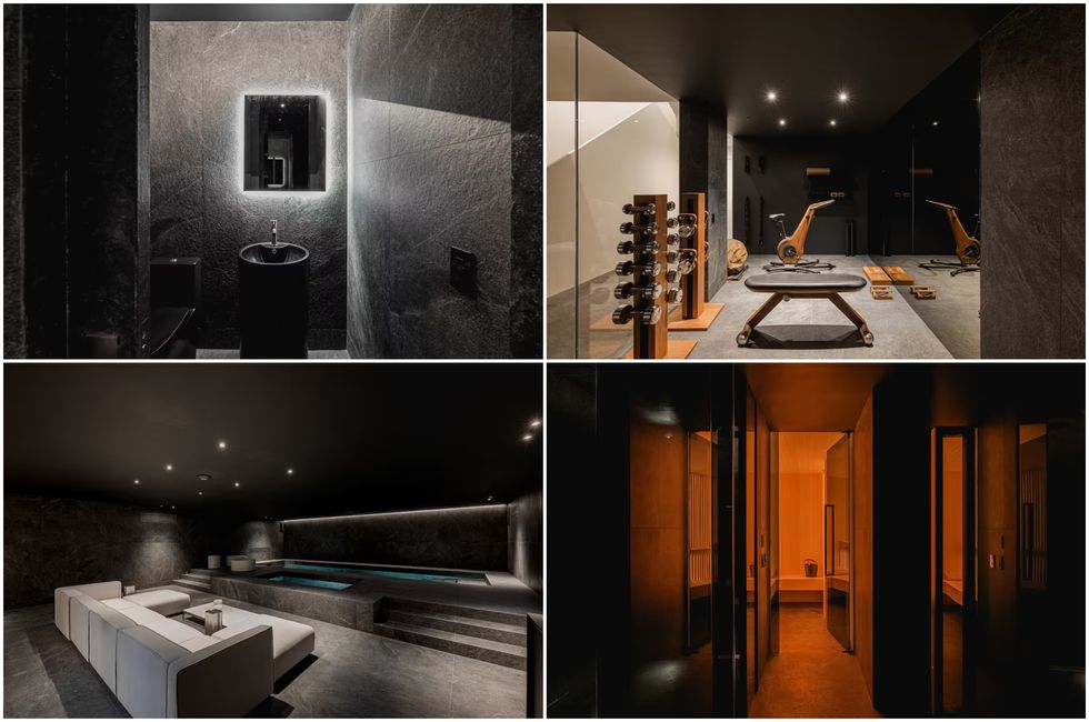 Haut : La salle de bain et la salle de gym. Bas : Un divan devant la piscine et le spa ainsi que le sauna. 