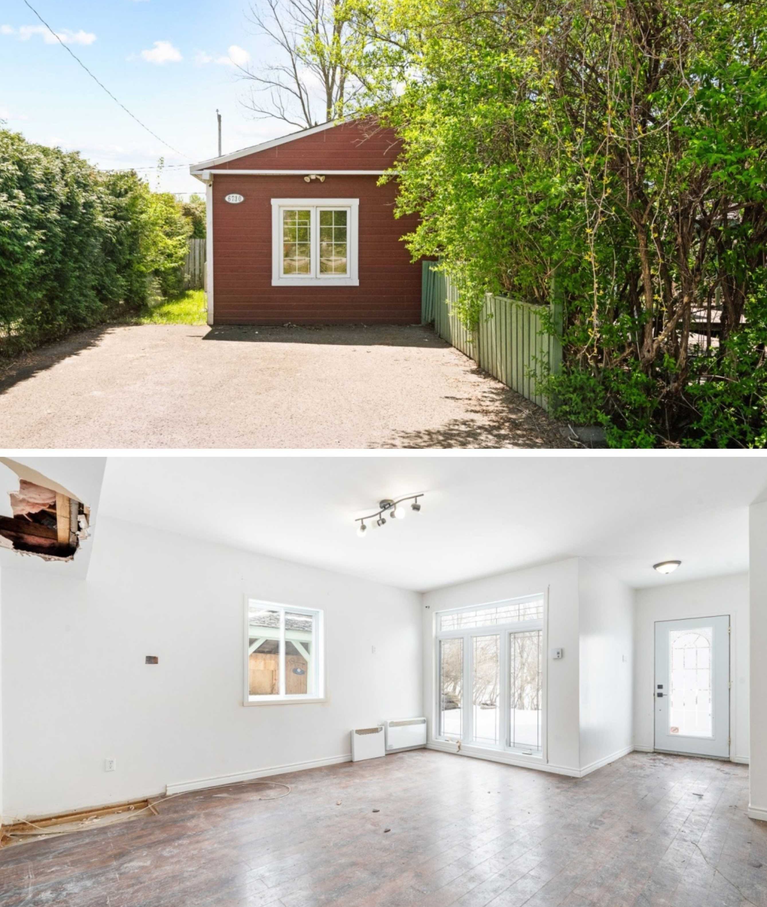 Haut\u00a0: une devanture de maison. Bas\u00a0: un salon.