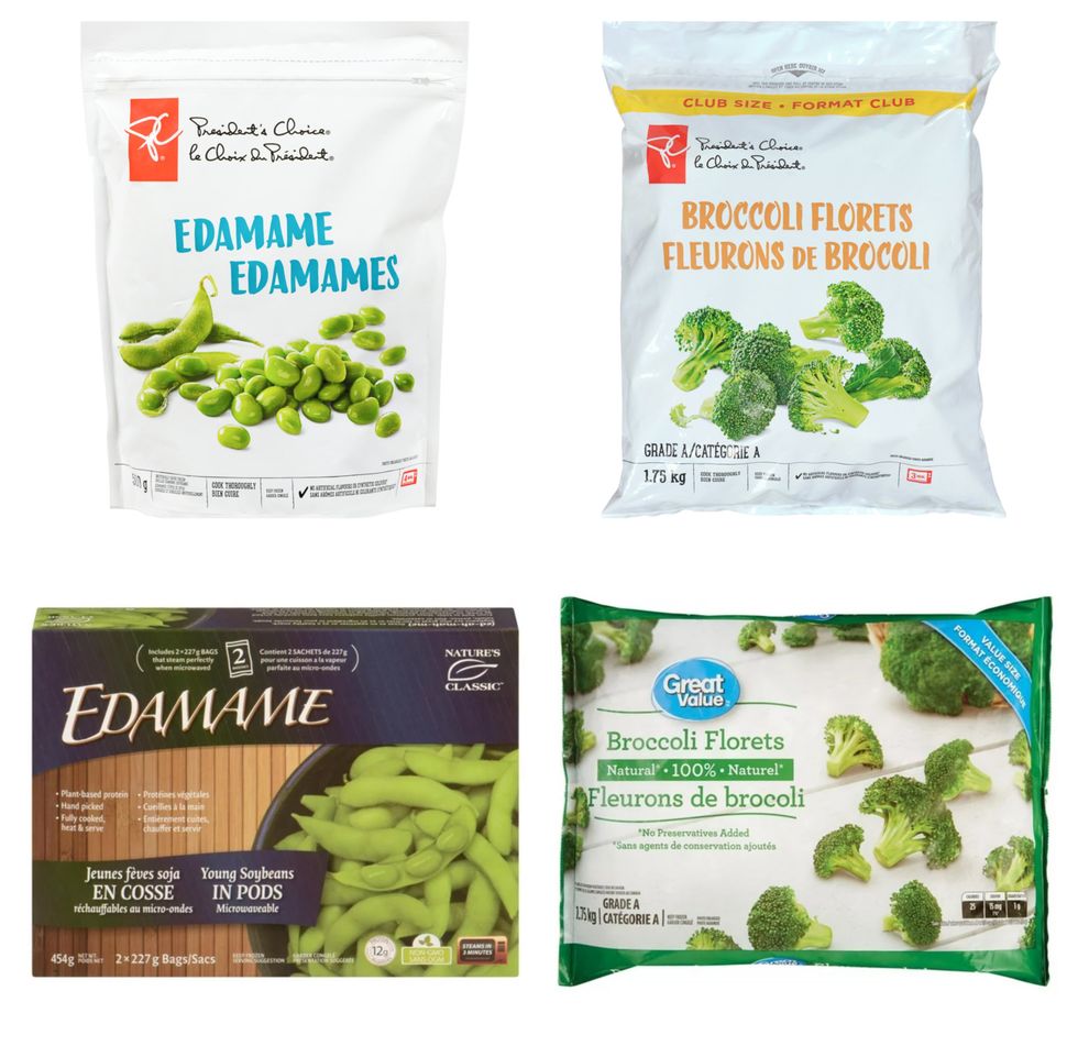 Haut : Un sac d'edamames et un sac de brocoli de Choix du Pr\u00e9sident. Bas : Une boite d'edamames de Natures Classic et un sac de brocoli de Great Value.