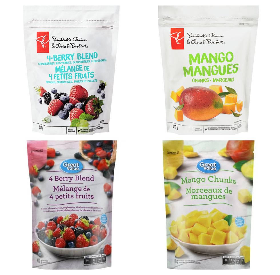 Haut : Un sac de petits fruits et un sac de mangues Choix du Pr\u00e9sident. Bas : Un sac de petits fruits et un sac de mangues Great Value.