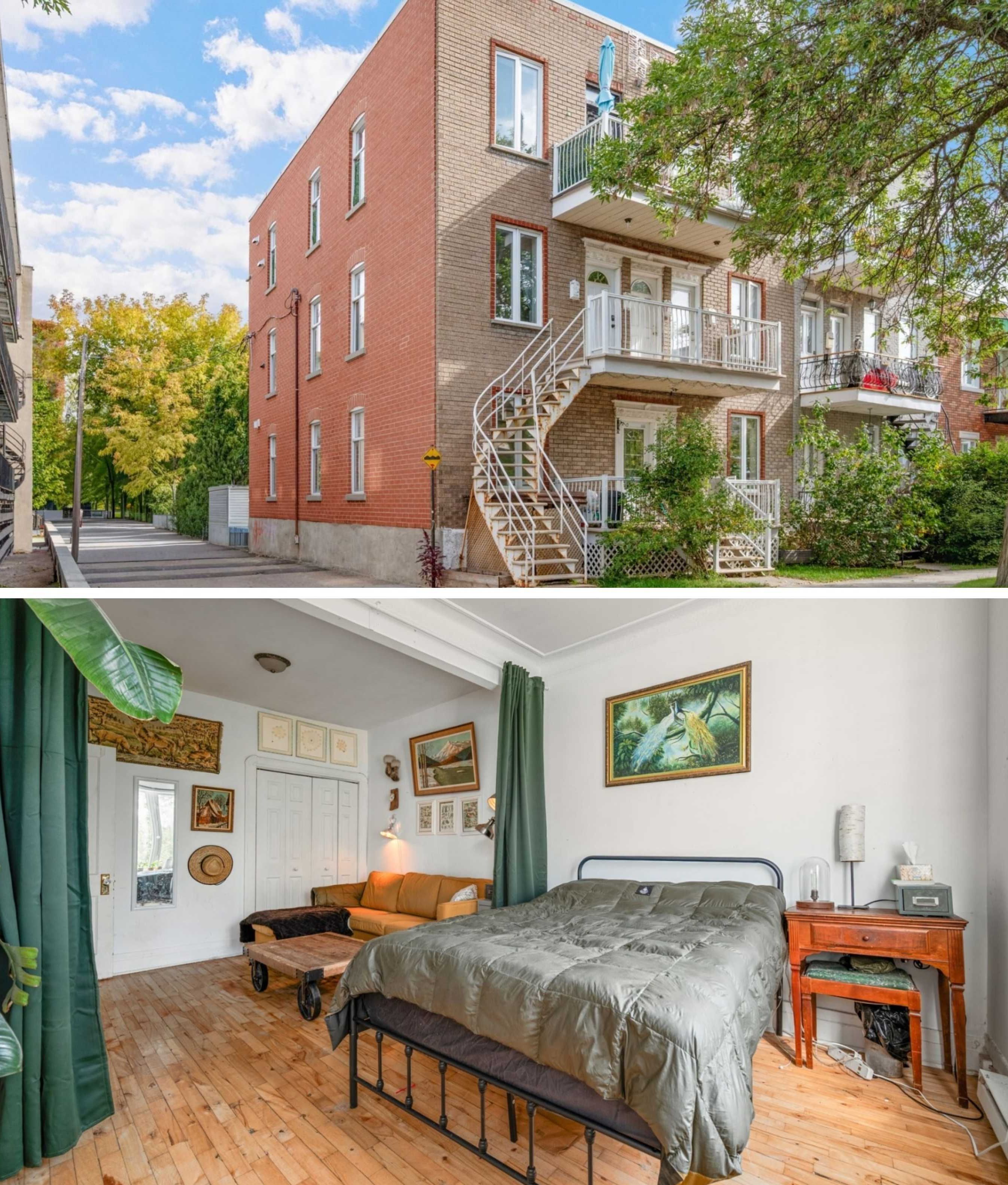 Haut : une devanture de plex. Bas : une chambre.