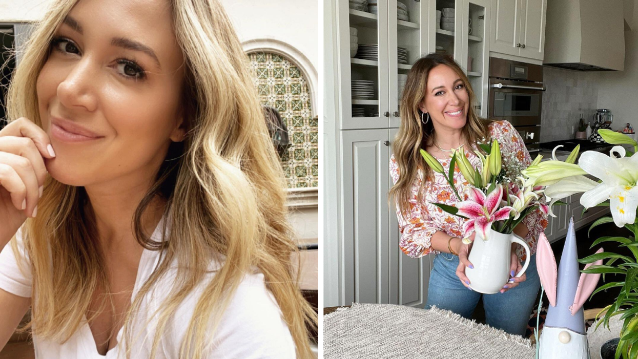 Haylie Duff in a white shirt with her hand on her chin. Right: Haylie Duff holding flowers.