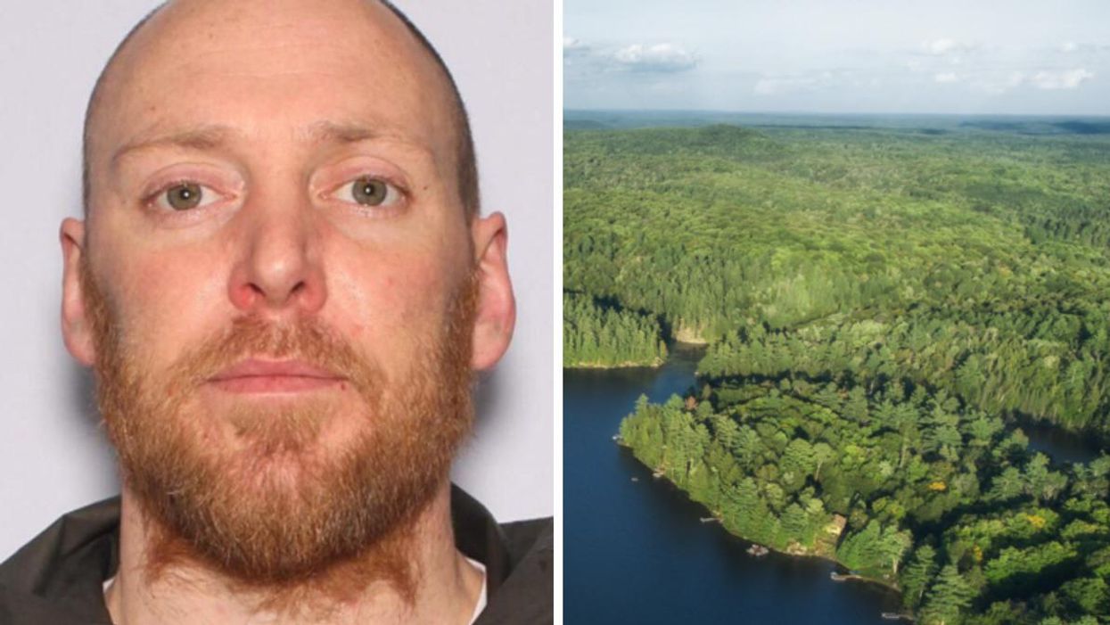 Headshot of a bald white man with a red beard, Gene Karl Lahrkamp. Right: A aerial view of an Ontario forest and body of water.