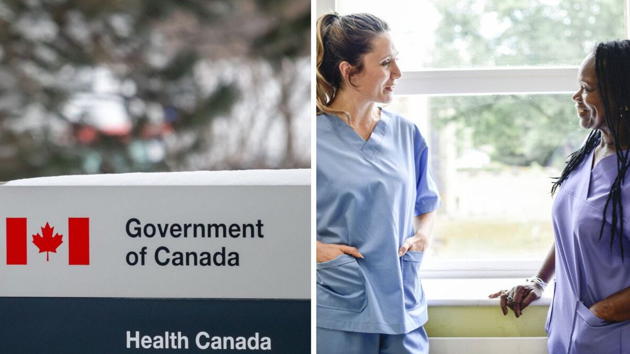 Health Canada sign at an office in Ottawa. Right: Health care workers wearing scrubs.