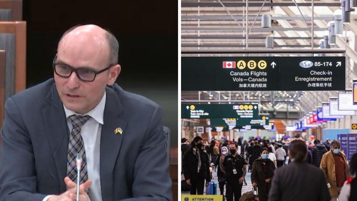 Health Minister Jean-Yves Duclose. Right: Vancouver International AIrport.