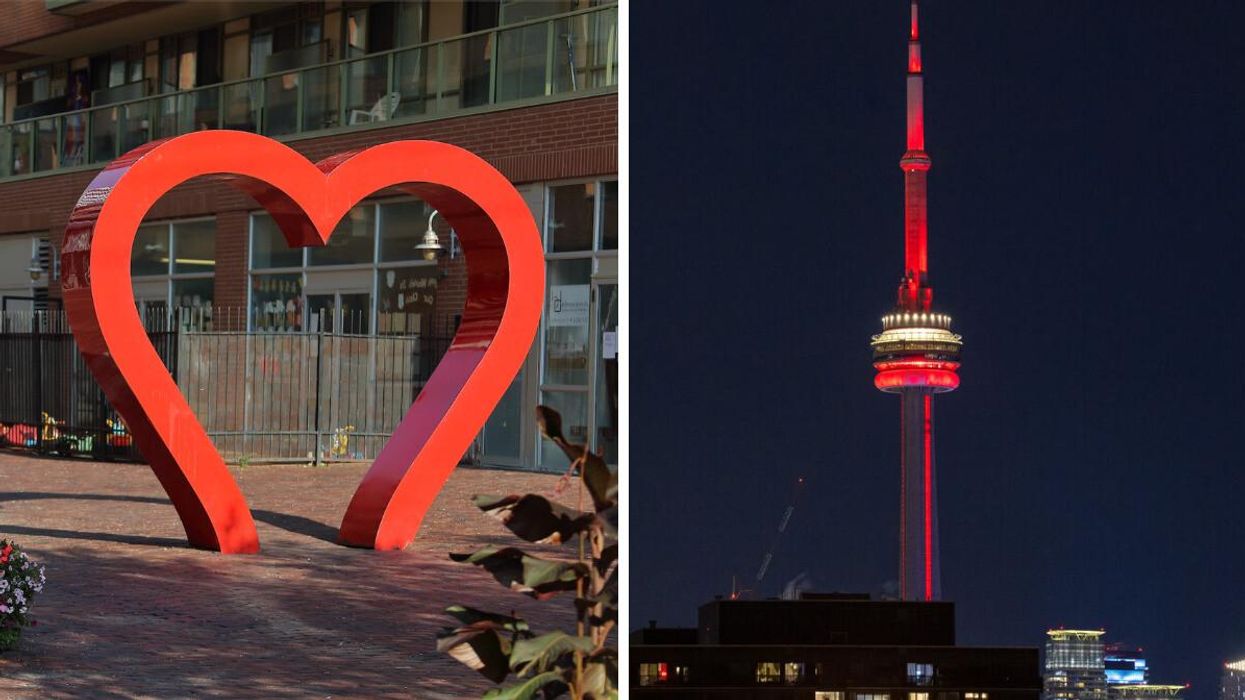 Heart-shaped structure in Toronto's Distillery District. Right: CN Tower lit up red for Valentine's Day.