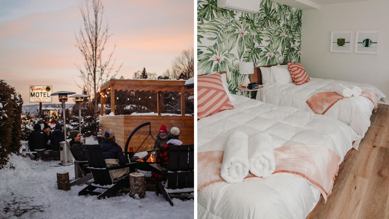 Heated patio with campfires at an Ontario motel. Right: Tropical wallpaper and pink pillows in a motel room.