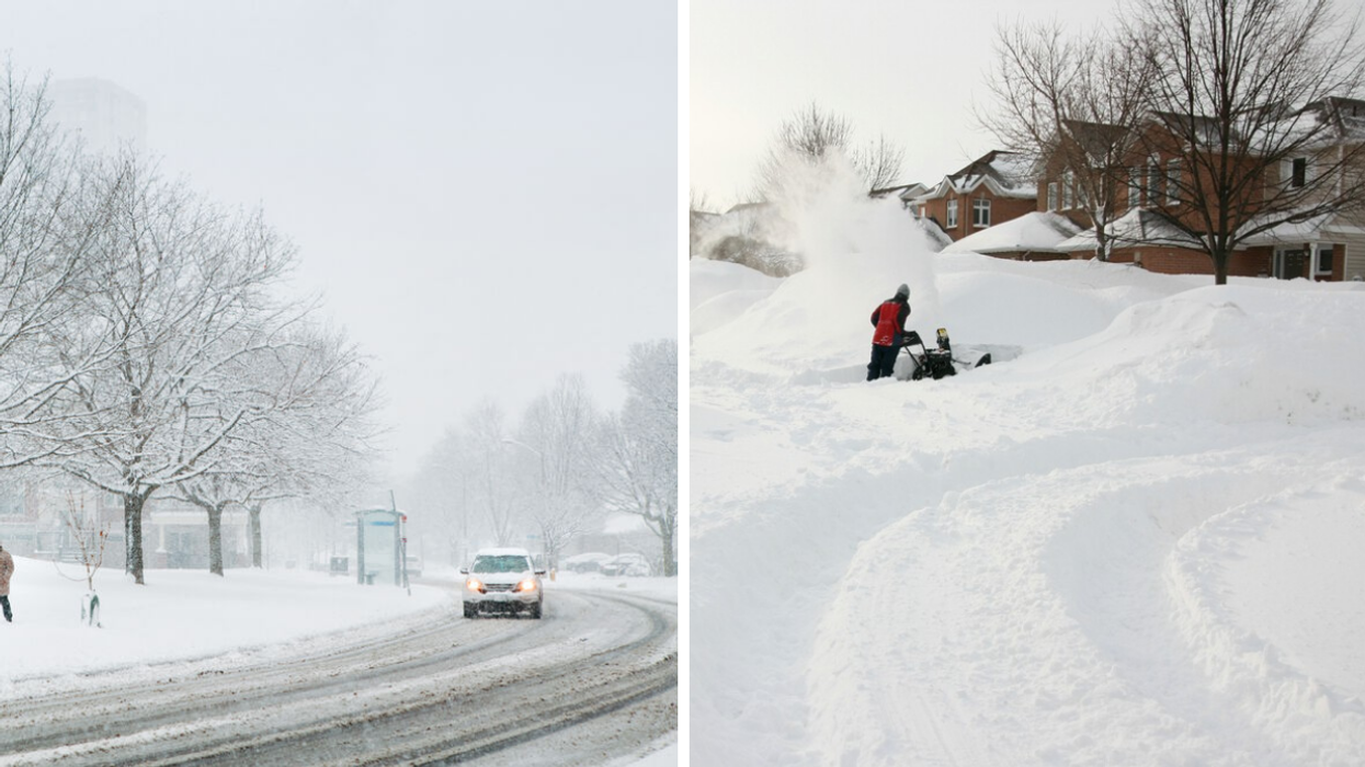 Heavy snowfall on an Ontario road. Right: Man clearing snow from a neighbourhood street.