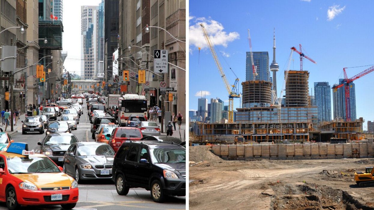 Heavy traffic in downtown Toronto. Right: Construction in Toronto with cranes and the CN Tower.