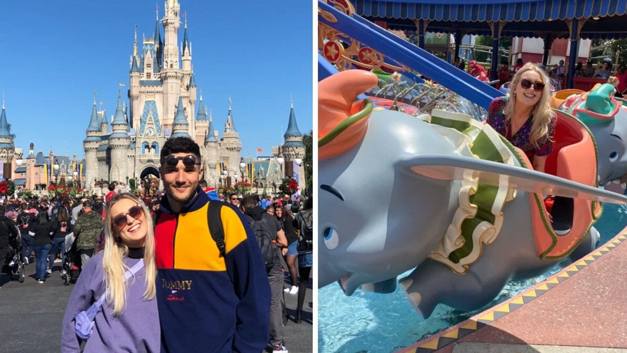 Helena and Amos pose in front of Cinderella's castle at Disney World. Right: Helena smiles while sitting on the Dumbo ride at Magic Kingdom.