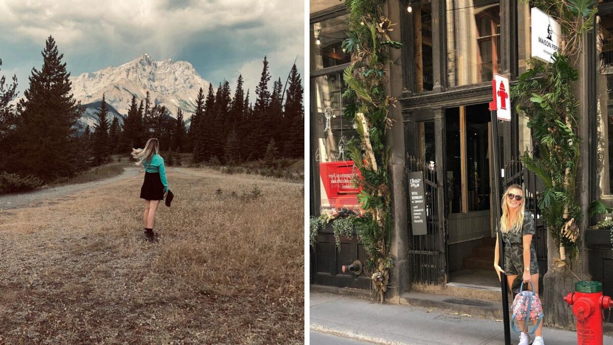 Helena Hanson in Banff. Right: Helena smiles outside a boutique in Montreal.
