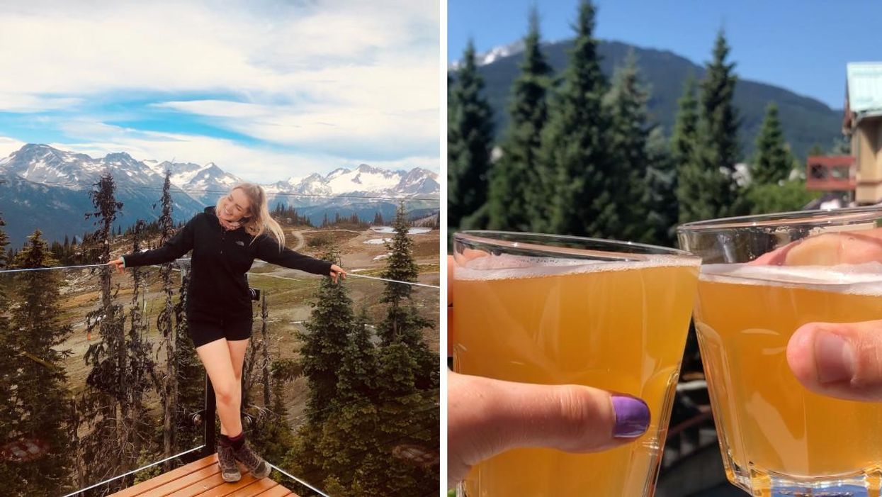 Helena in Whistler. Right: Helena drinking a beer in Canada.