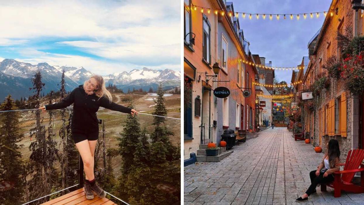 Helena smiles surrounded by what could be the Swiss Alps. Right: A quaint, cobblestone street that looks like Italy or France.
