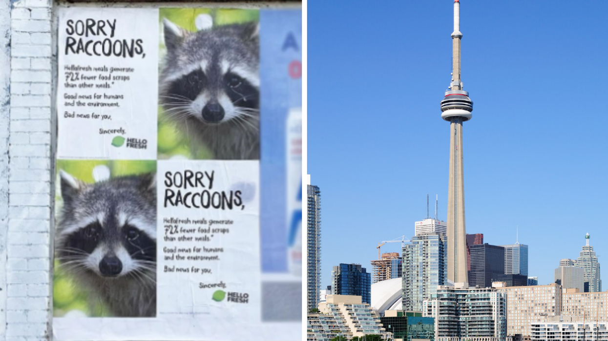HelloFresh posters. Right: Toronto's CN Tower.