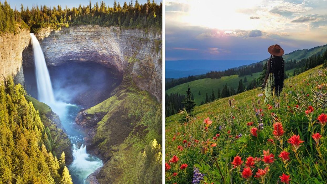 Helmcken Falls. Right: A woman on West Ridge Trail.