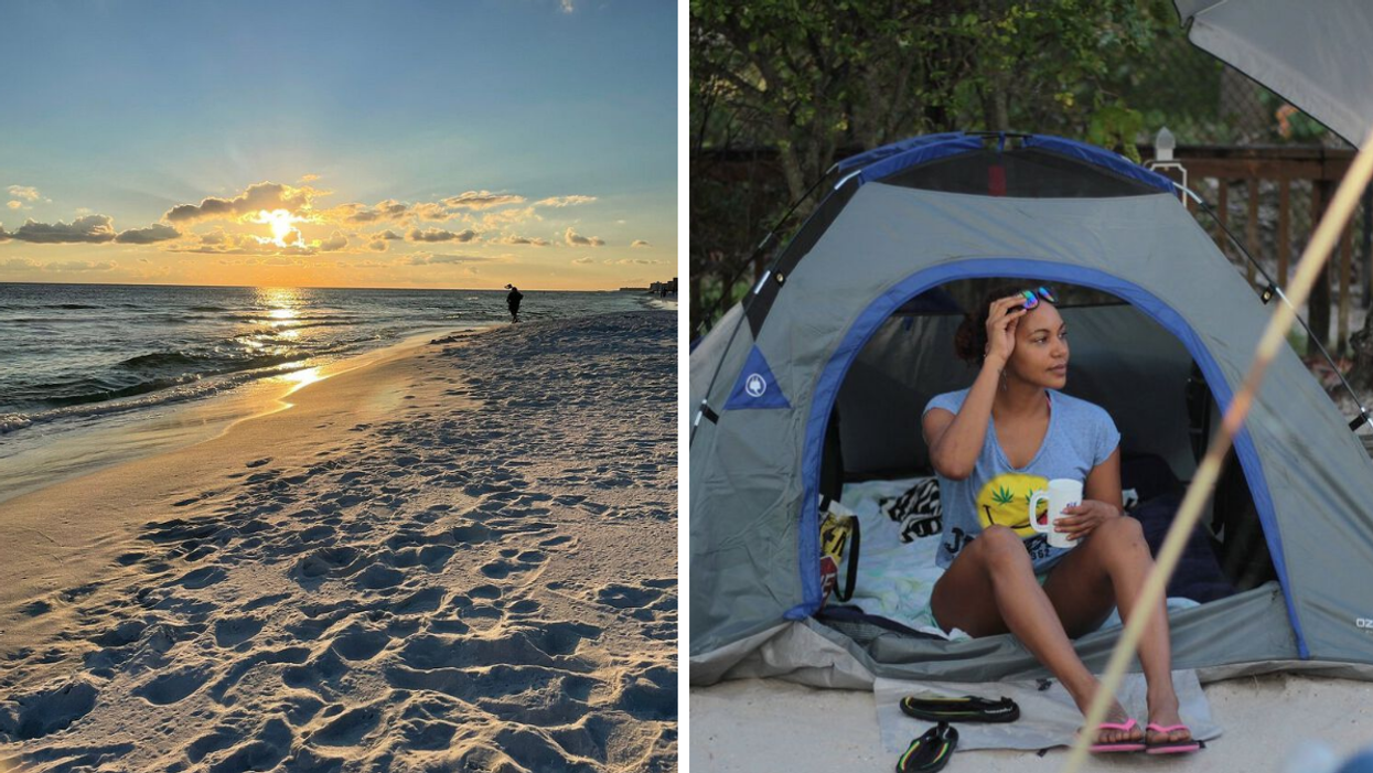 Henderson Beach State Park. Right: A woman beach camping at Peanut Island.