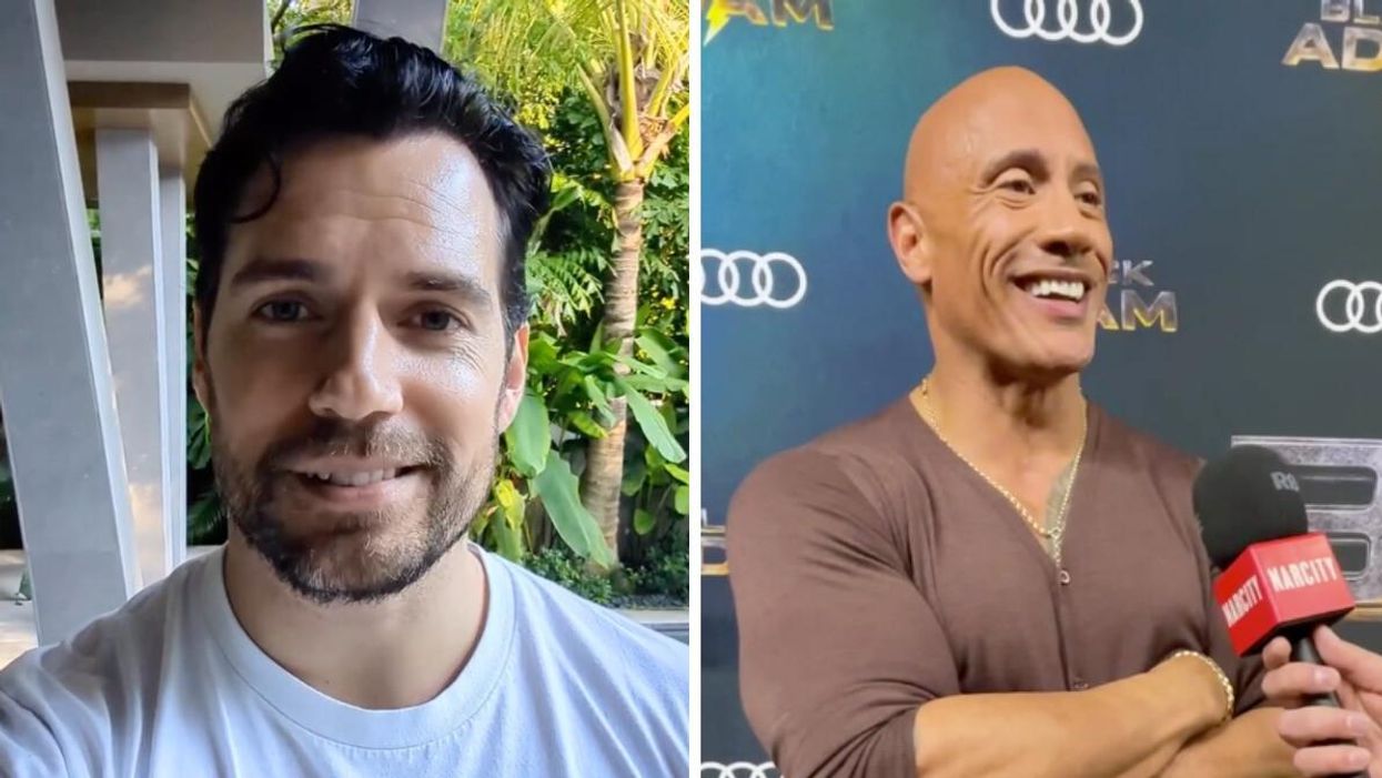 Henry Cavill. Right: Dwayne "The Rock" Johnson during a Black Adam red carpet interview with Narcity.
