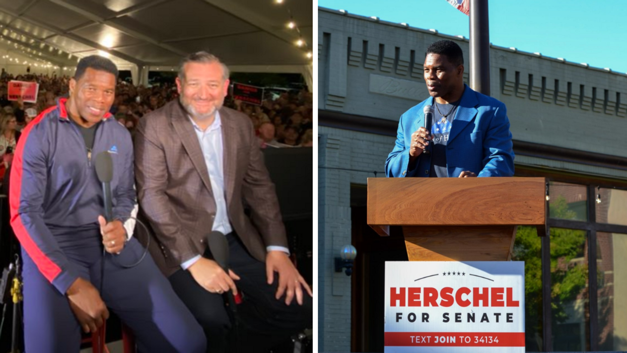 Herschel Walker and Ted Cruz. Right: Herschel Walker at a podium.