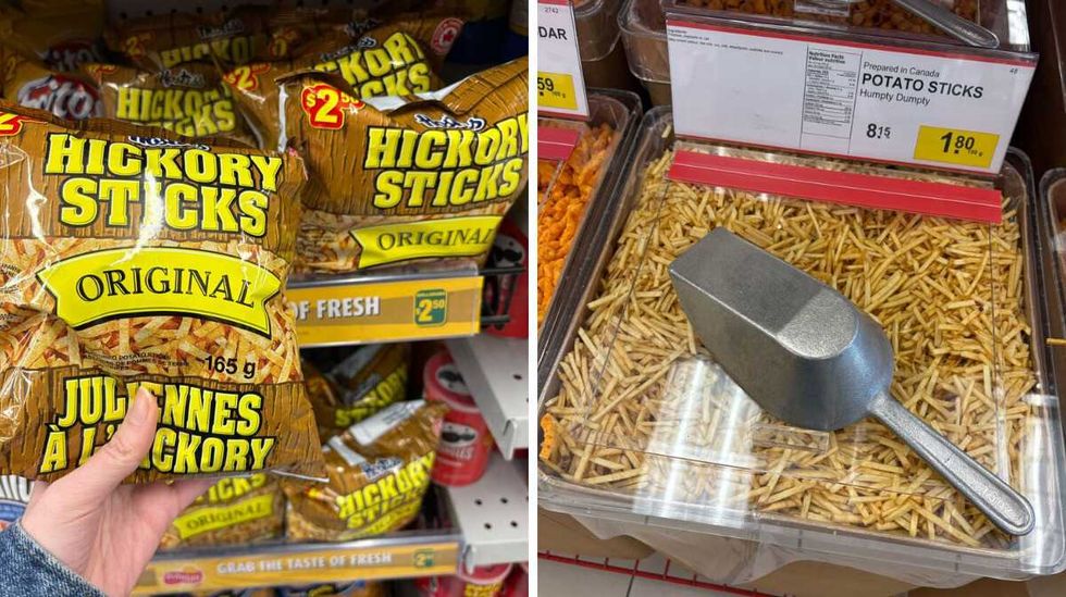 Hickory Sticks at Dollarama. Right: Potato stick chips at Bulk Barn.