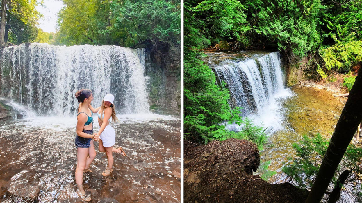 Hidden waterfall cascading into a pool along a forested hiking trail in Ontario.