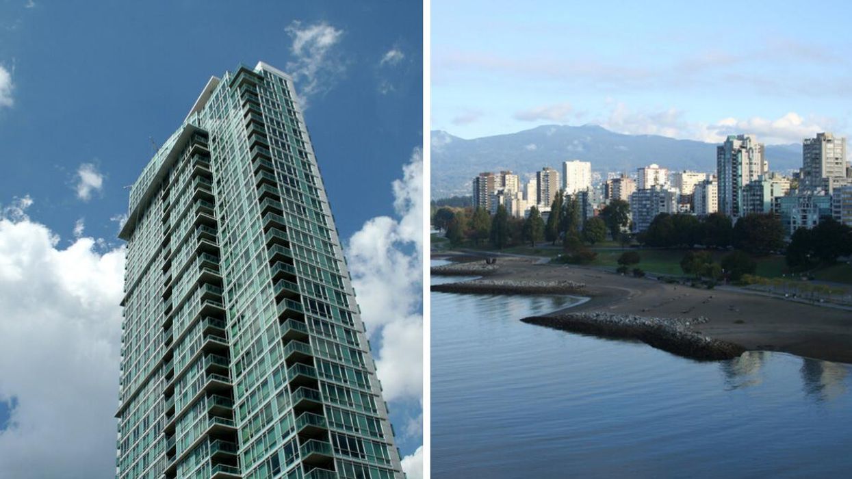 High rise condo building. Right: Condo buildings in Vancouver.