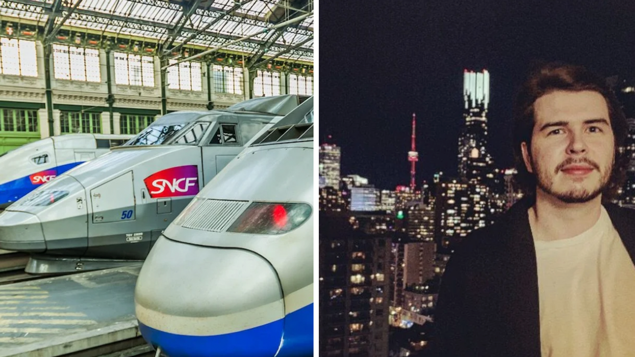 High-speed trains at the Gare de Lyon station in Paris. Right: A man stands on a high-rise balcony with Toronto's skyline in the background.