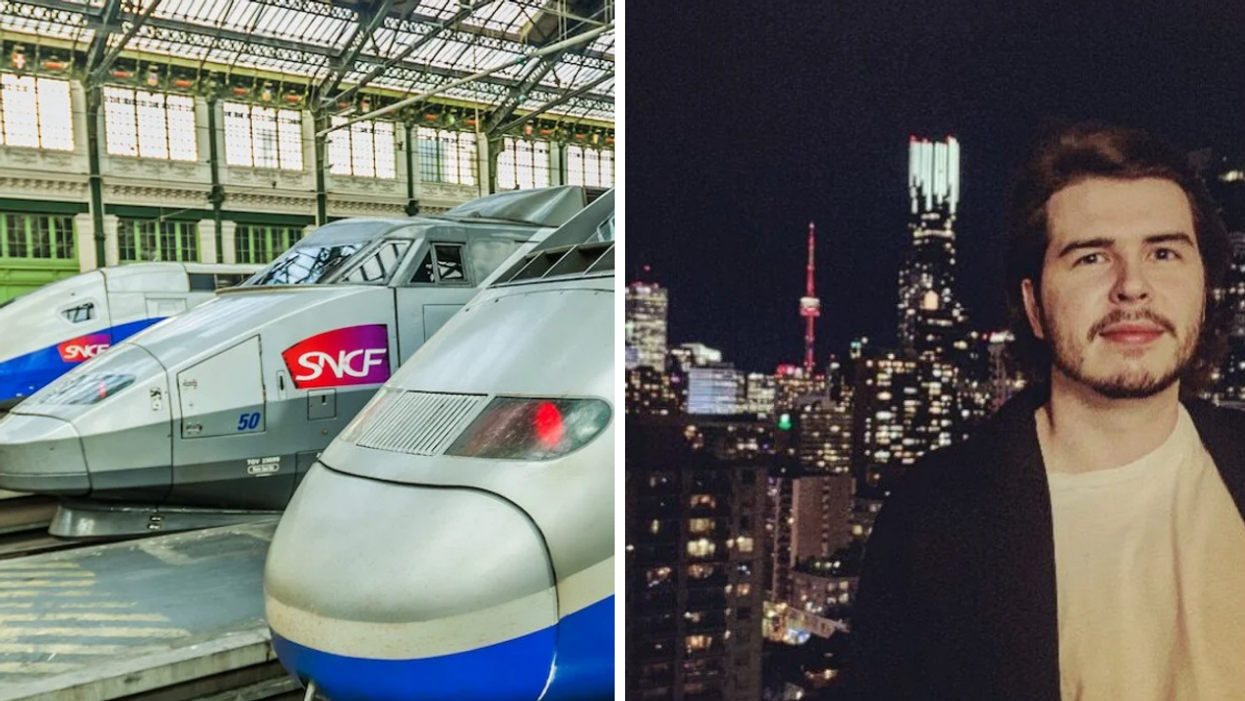 High-speed trains at the Gare de Lyon station in Paris. Right: A man stands on a high-rise balcony with Toronto's skyline in the background.