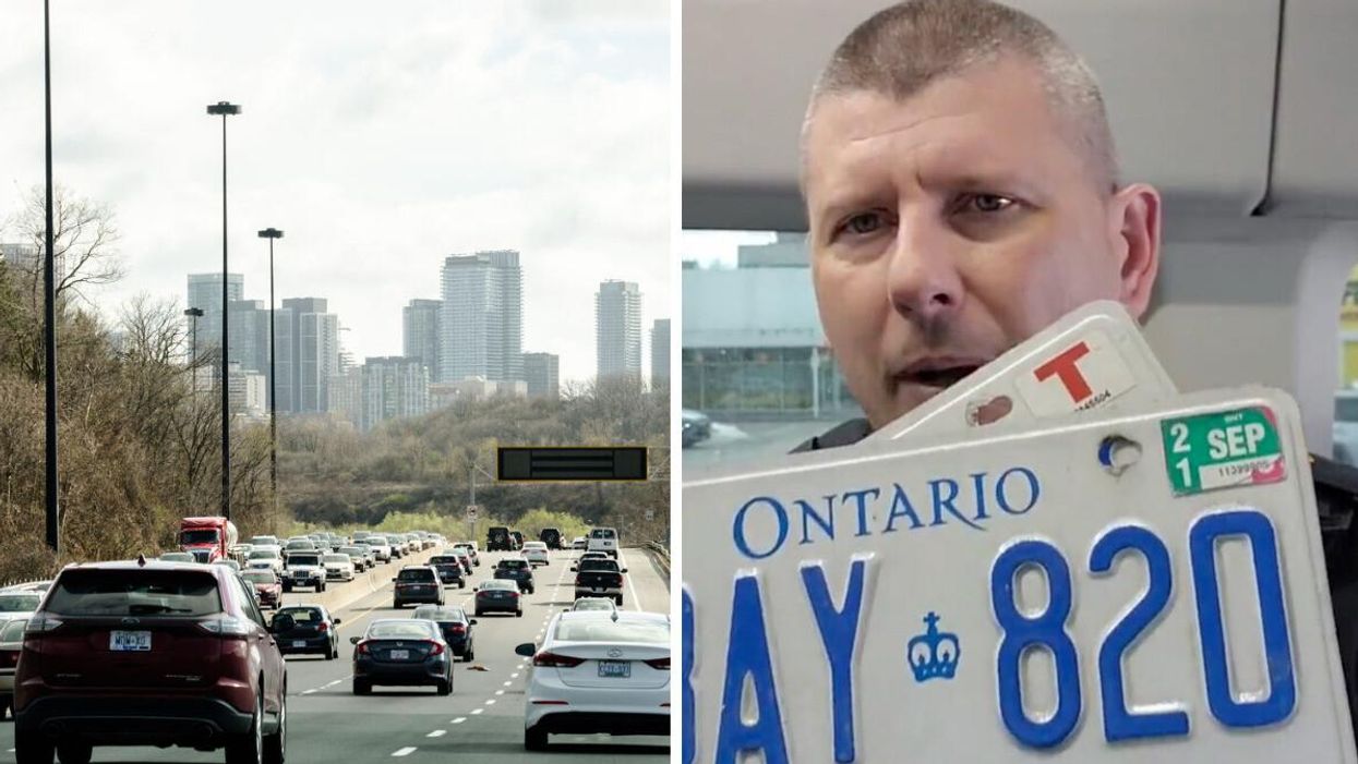 Highway 401 in Toronto, Ontario. Right: OPP Sgt Kerry Schmidt advising Ontario drivers to renew their license plates.