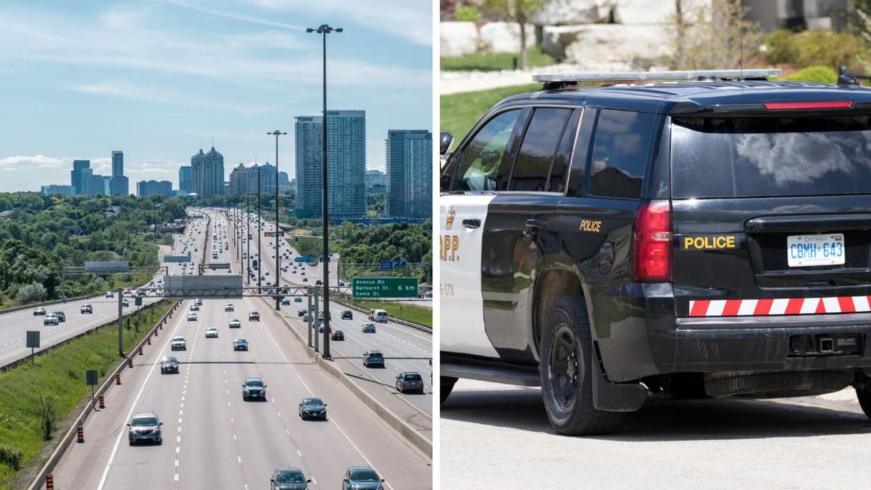 Highway 401. Right: A black OPP cruiser.
