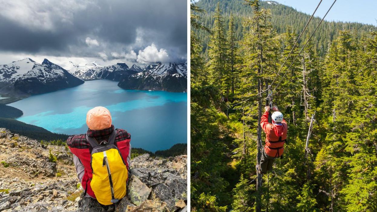 Hiker at Garibaldi Lake near Whistler, B.C. Right: Person zip-lining.