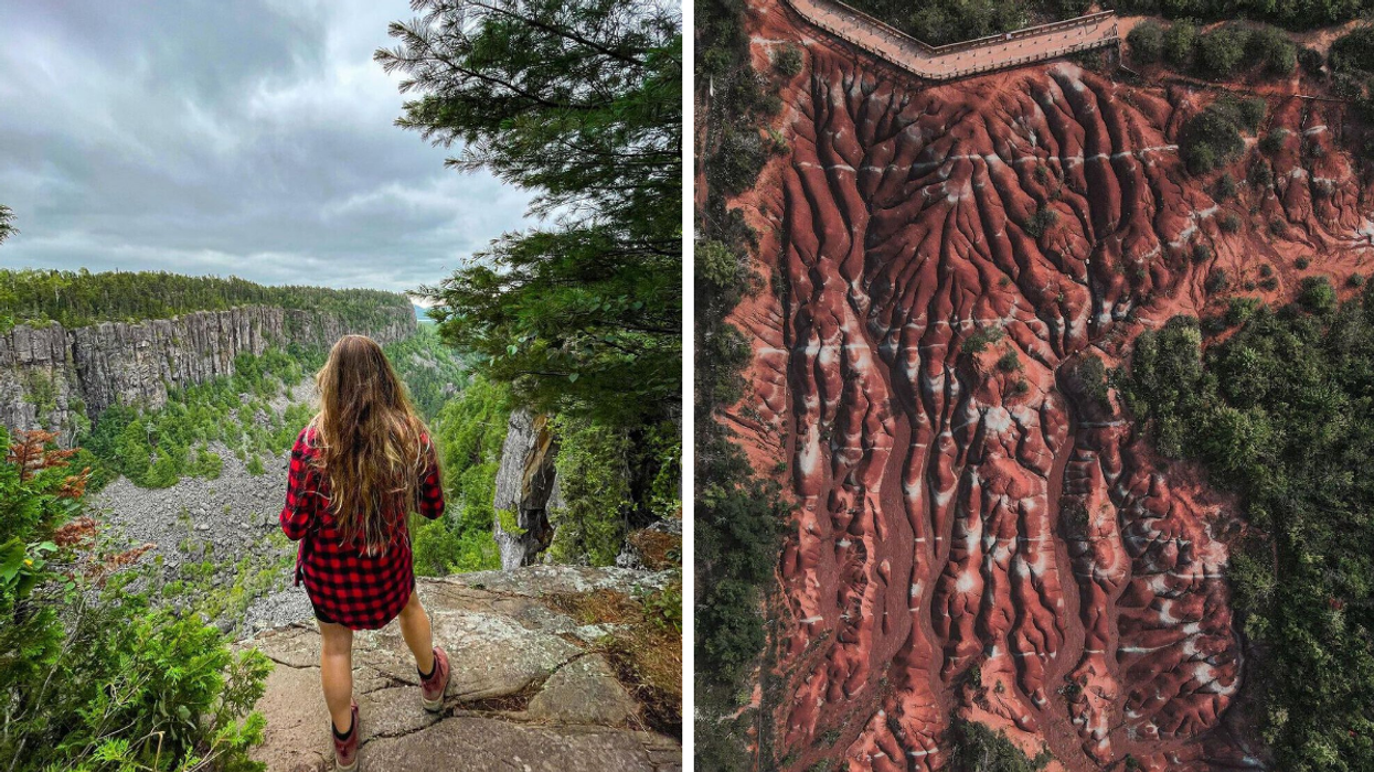 Hiker looking over Ouimet Canyon. Right: Aerial view of Cheltenham Badlands.