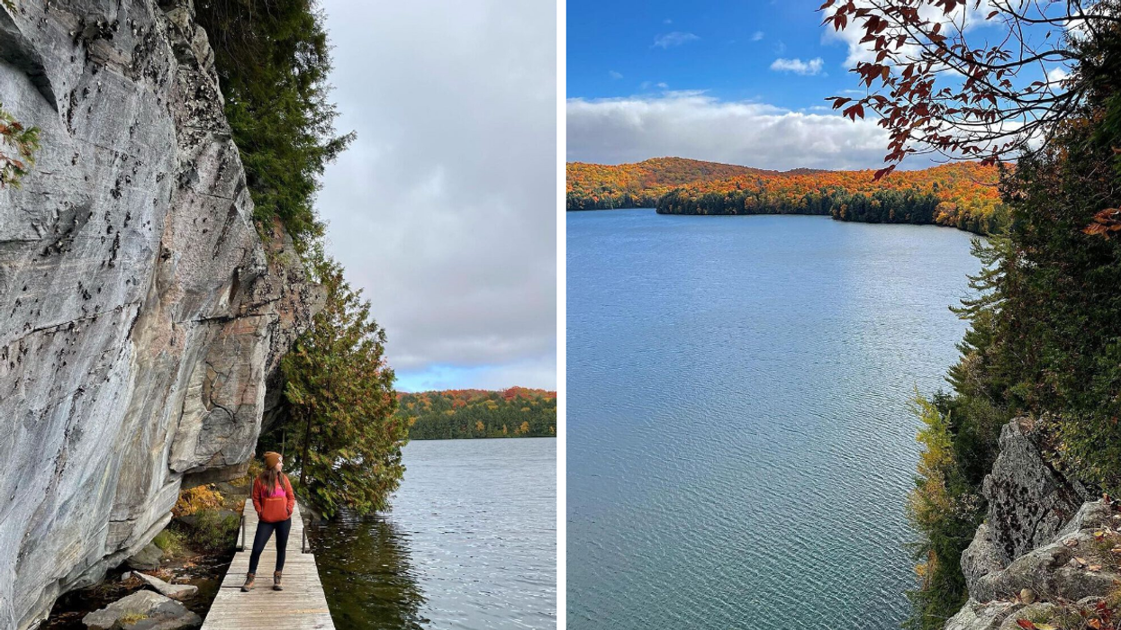 Hiker standing between a cliff and lake on a boardwalk. Right: Fall lookout over a lake.