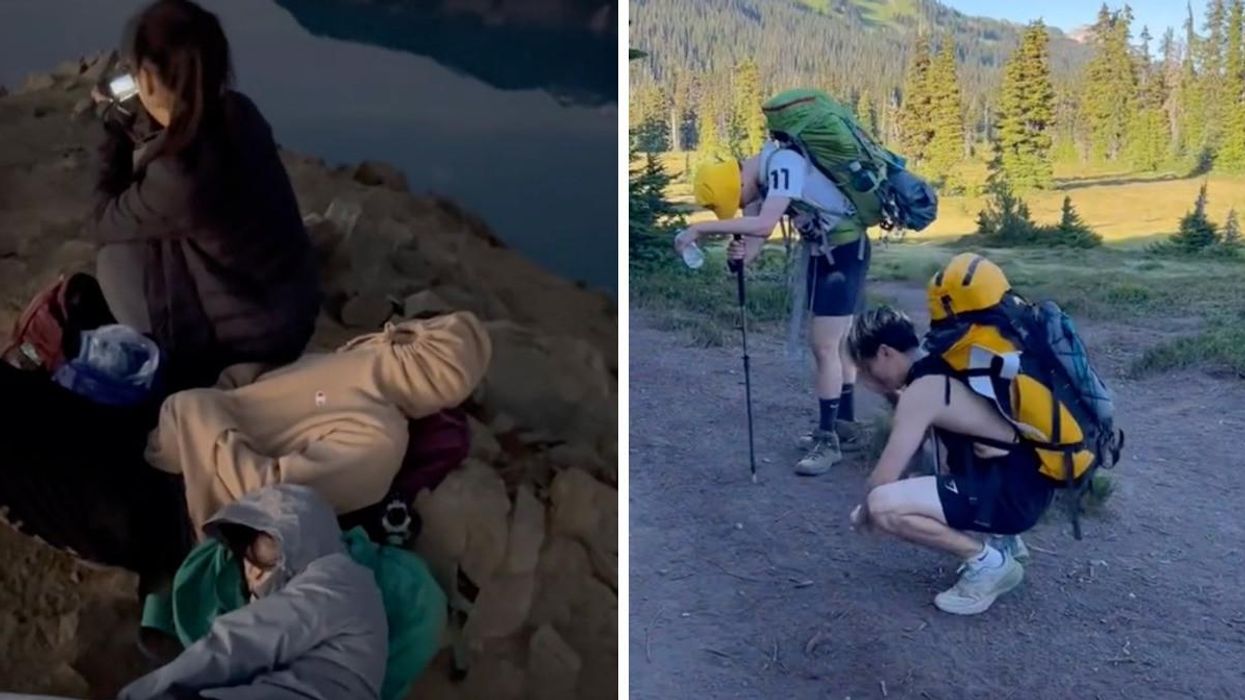 Hikers laying down. Right: Hikers squatting.