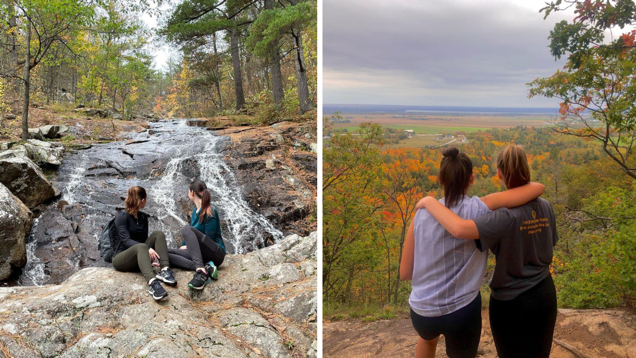 Hikers looking at a rocky waterfall in Gatineau Park. Right: Hiking trail lookout over a valley of trees.