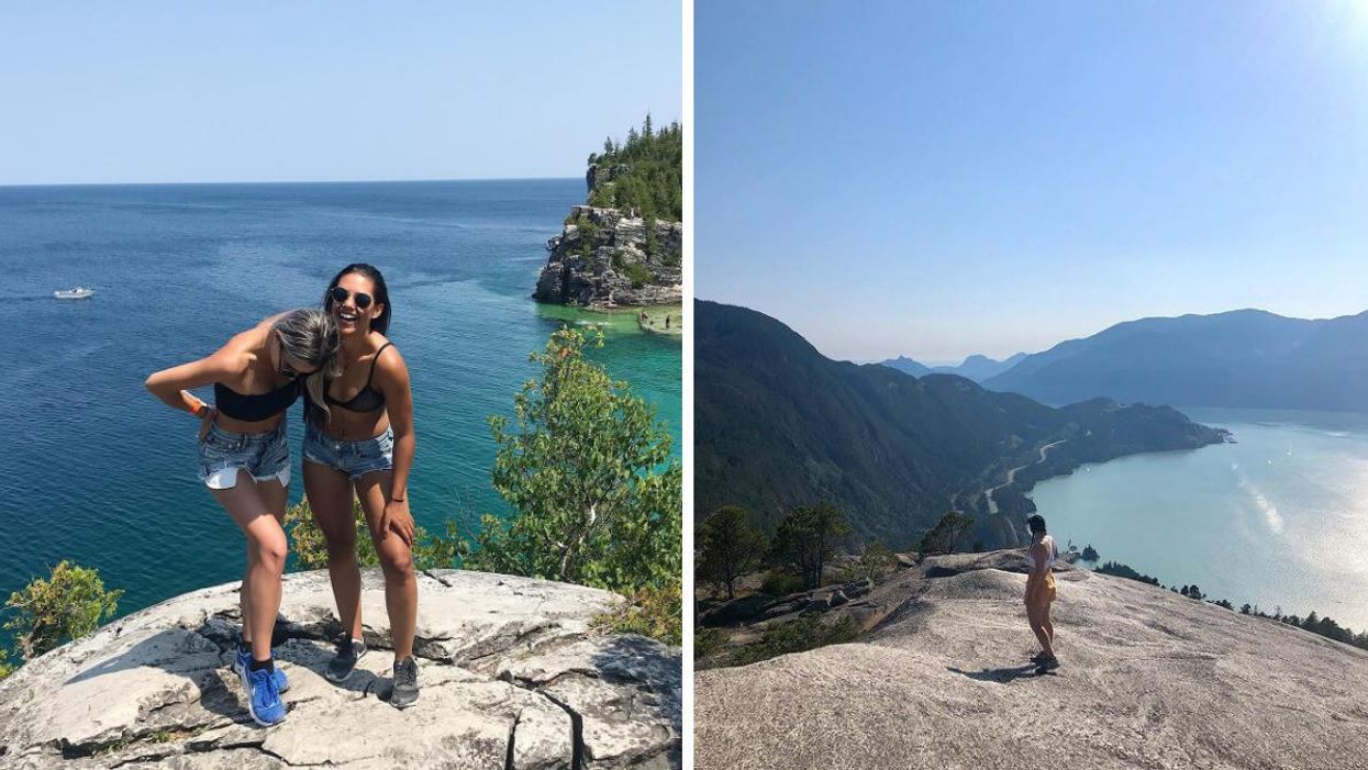 Hikers on the Bruce Trail. Right: A hiker on the Stawamus Chief.
