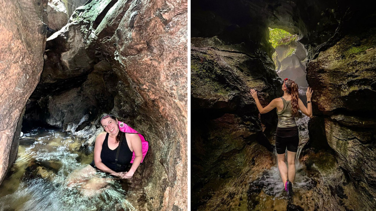 Hiking through a creek in a historic cave near Ottawa.