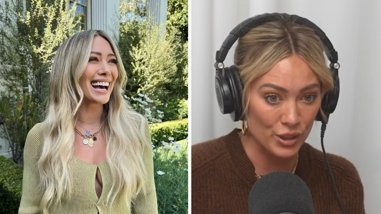 Hilary Duff. Right: Hilary Duff on a podcast.