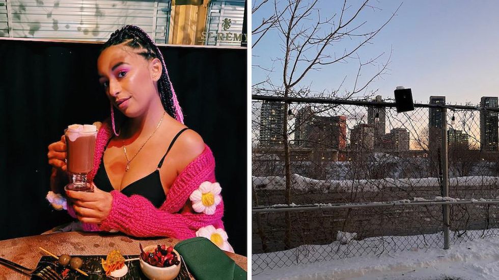 Hillary holding a mocktail at Stackt Market. Right: View of the Toronto skyline from behind a fence in winter.