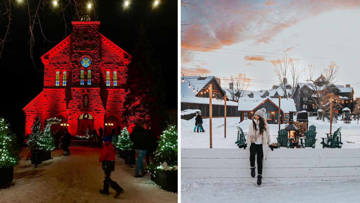 Historic building lit with Christmas lights. Right: Skating rink and winter campfire in Montebello.