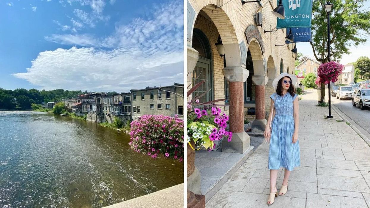 Historic buildings along a river. Right: A person standing on a street.