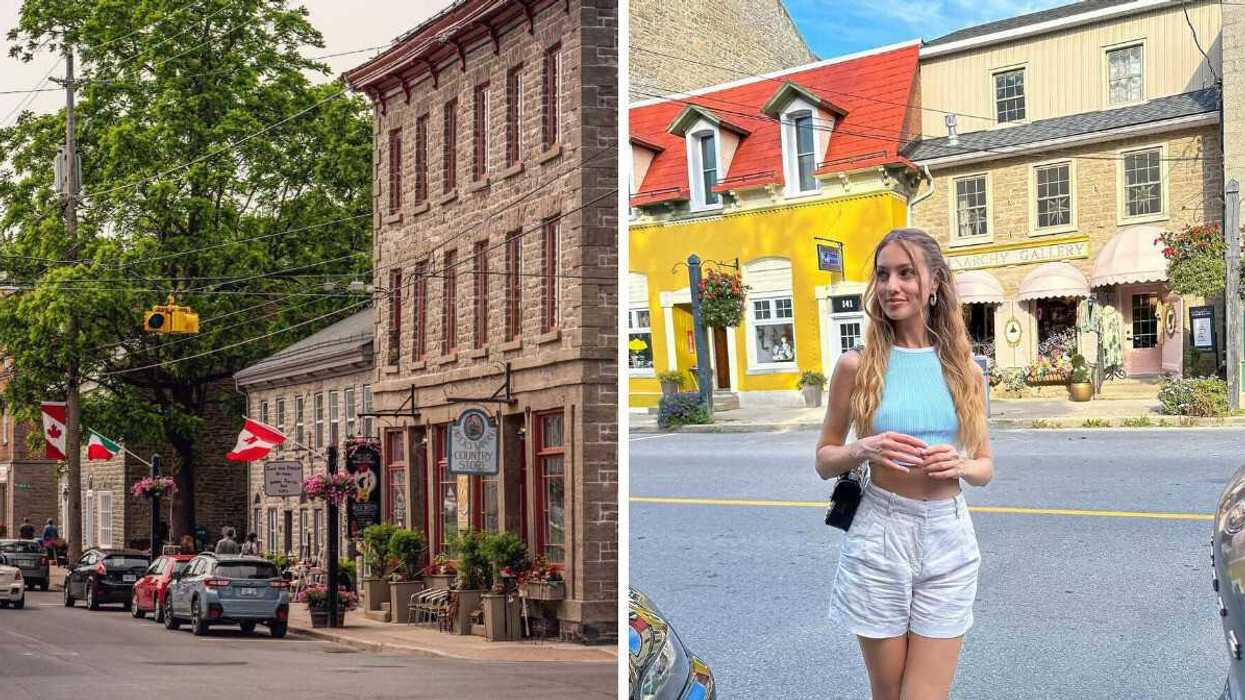 Historic buildings along a street. Right: A person in a small town.