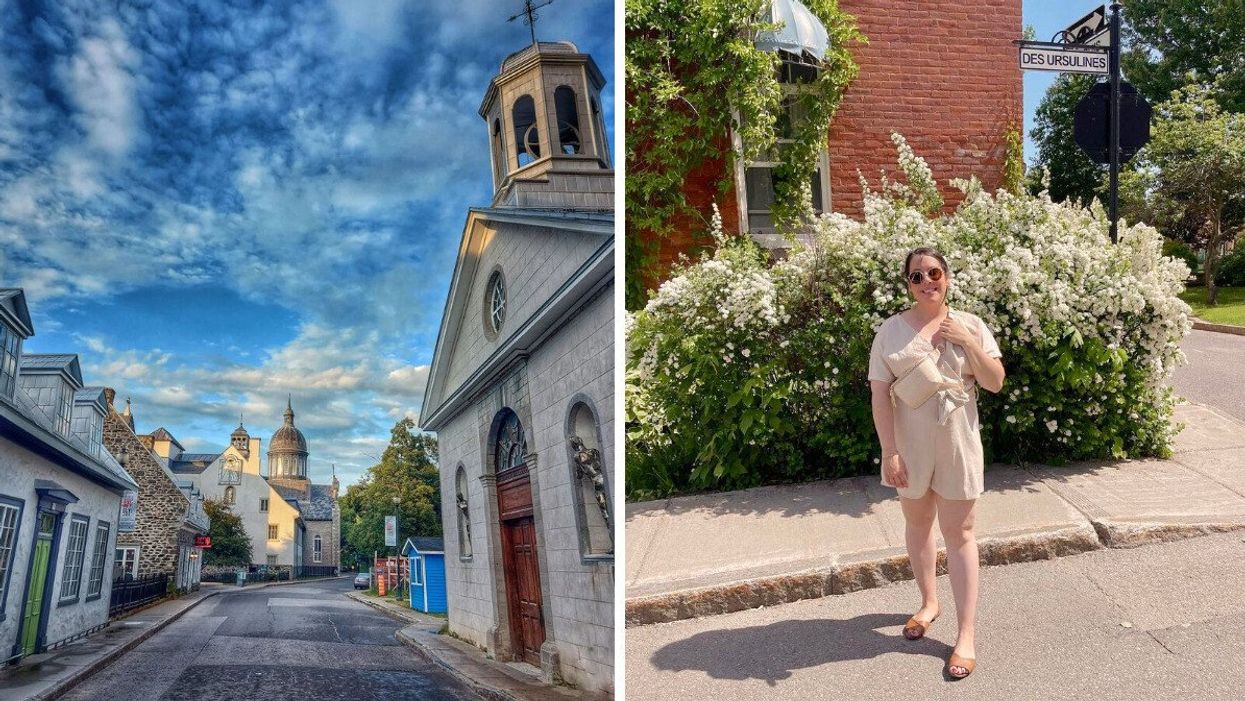 Historic buildings along a street. Right: A person standing by flowers.