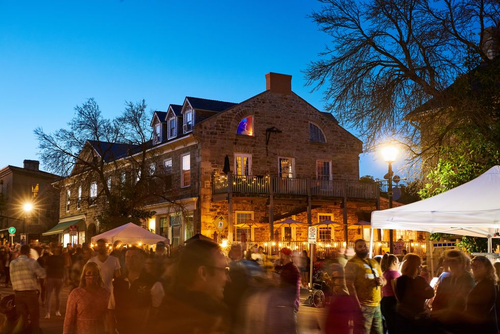 Historic buildings and busy streets during the Perth Night Market.