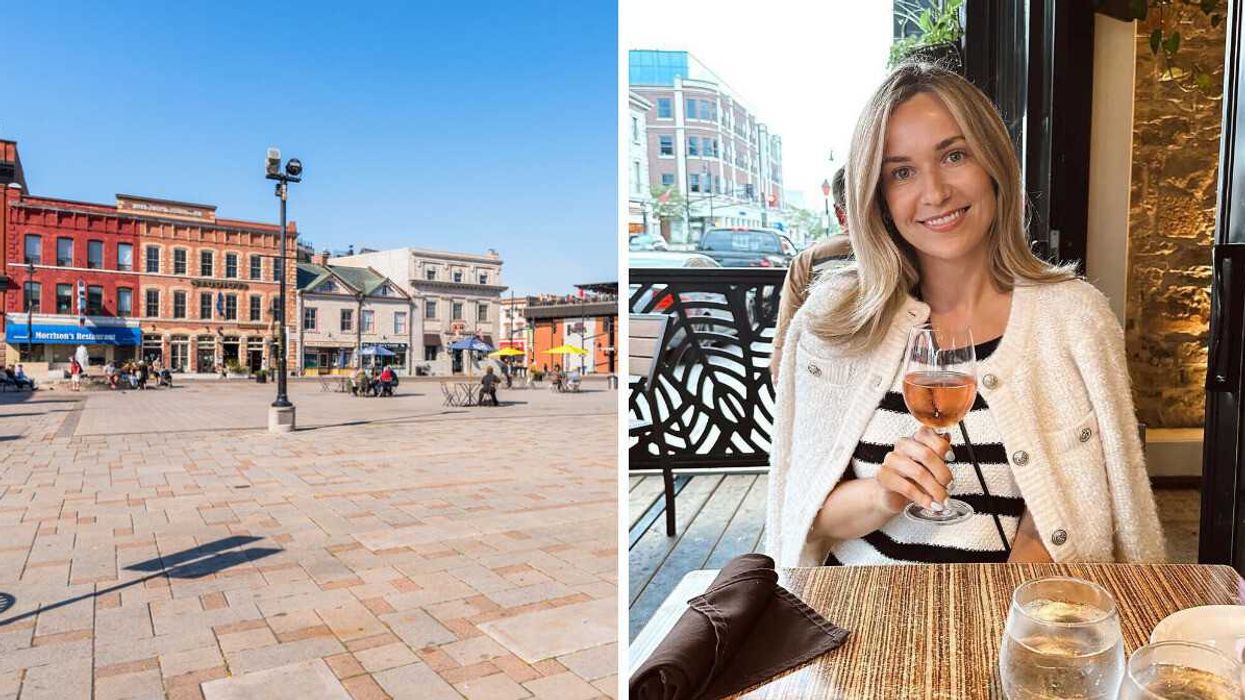 Historic buildings in a city. Right: A person sitting at a table with a drink.