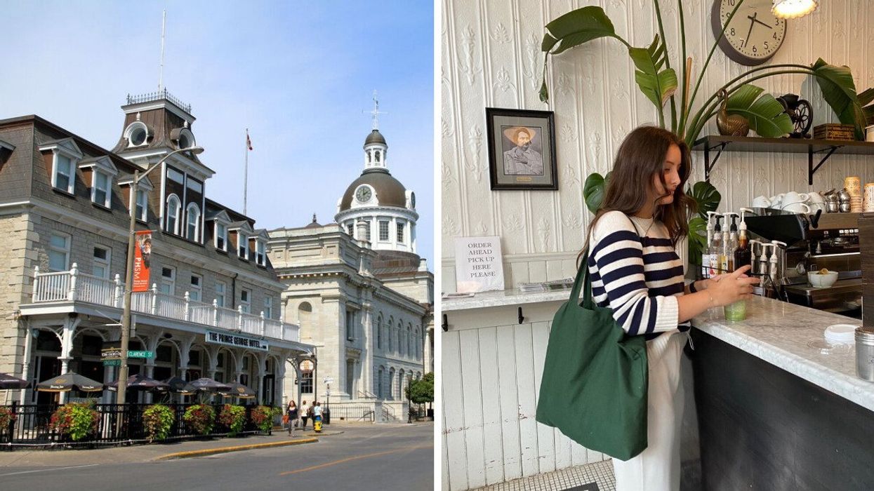 Historic buildings. Right: A person in a cafe.